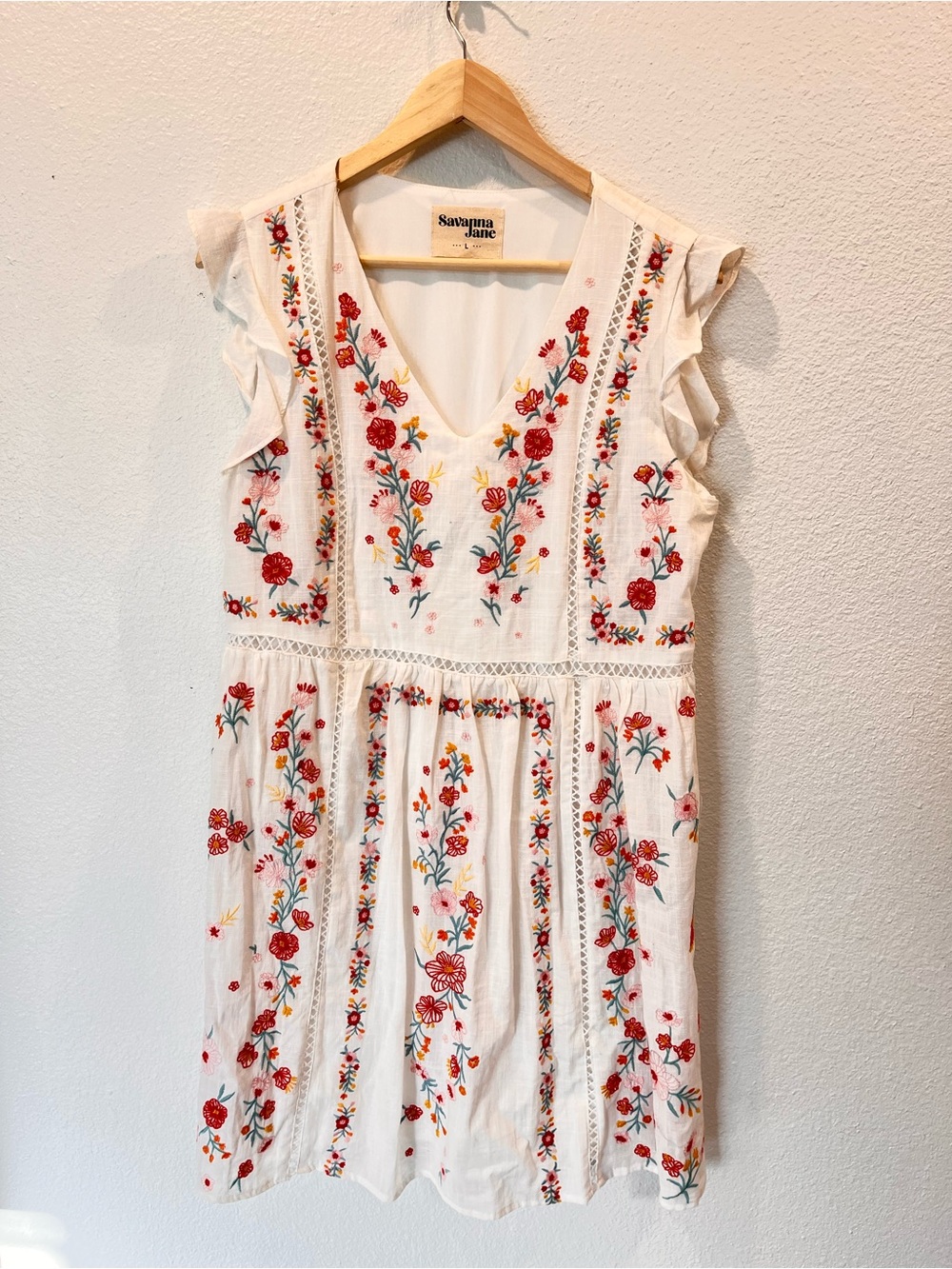 Savanna Jane White Dress with Red & Multicolor Floral Embroidery